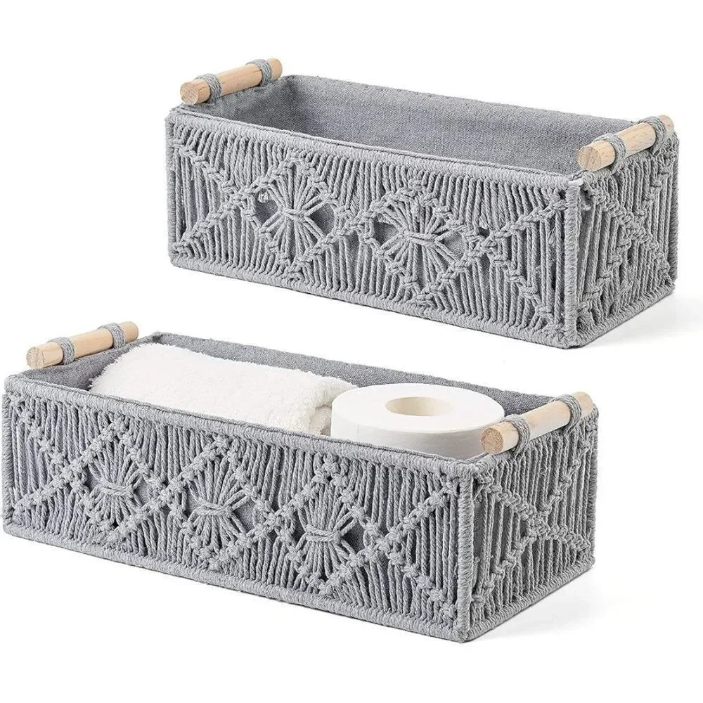 Macrame Storage Baskets Boho Decor Set of 2, grey